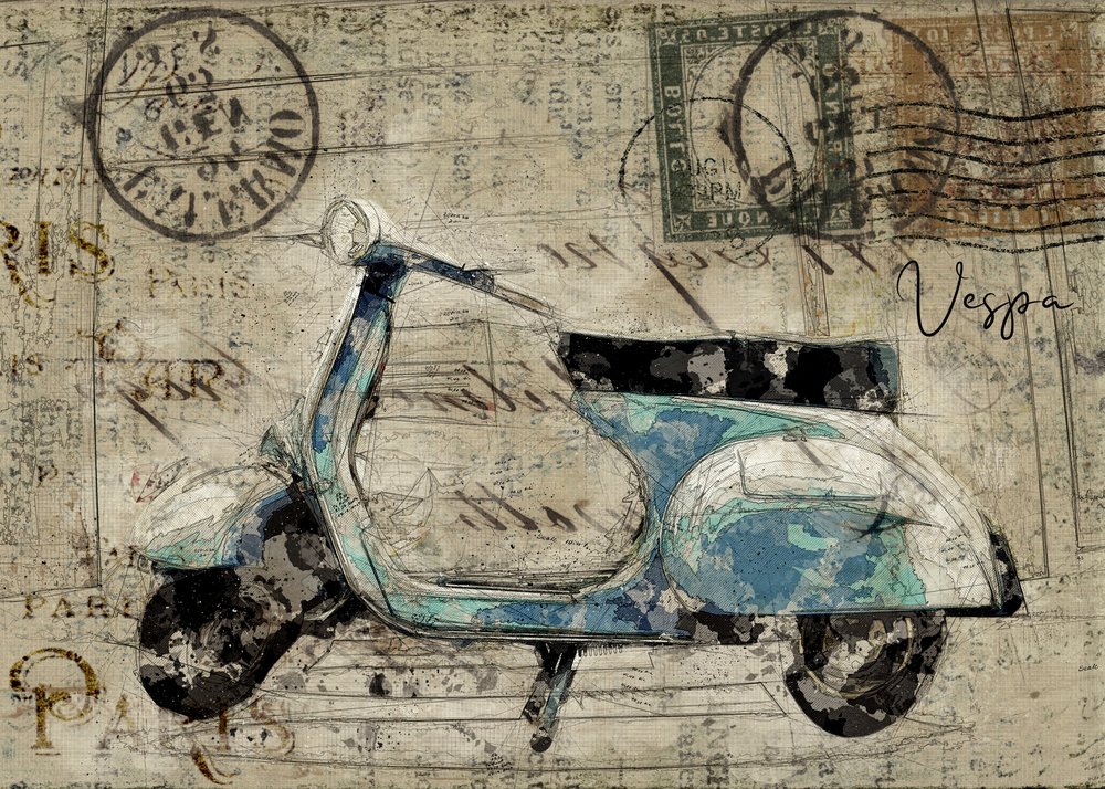 Retro pohlednice s motivem Vespa od Lembayung senja studio [Vintage Poster]