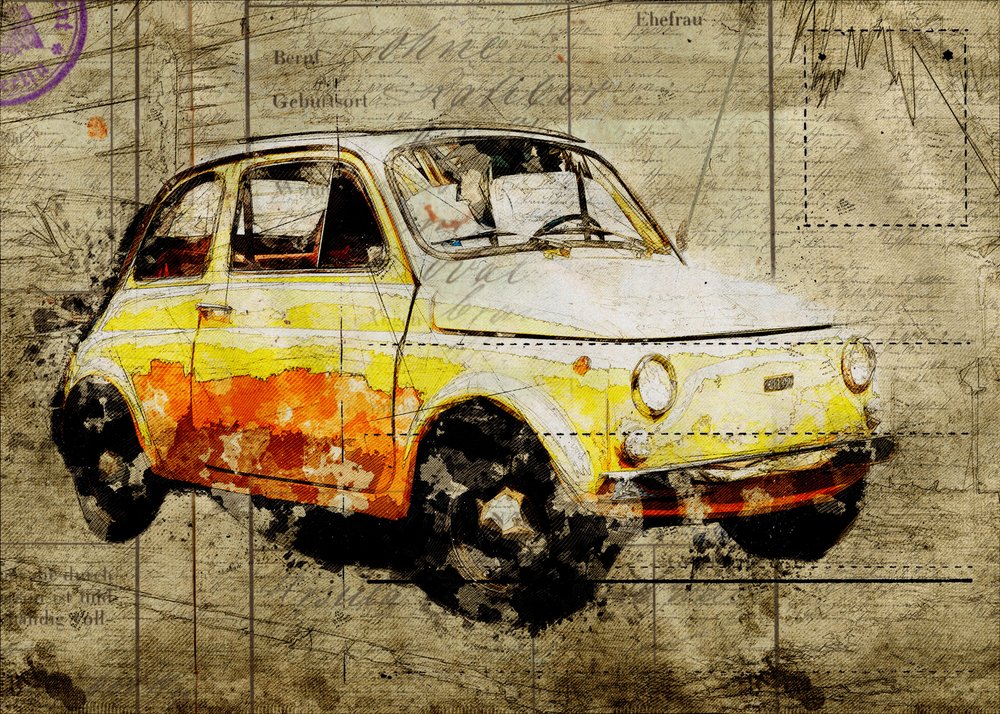 Retro žlutý Fiat 500 od Lembayung senja studio [Vintage Poster]