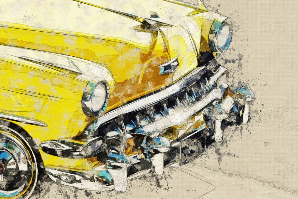 Žluté klasické auto v chromovém provedení od Lembayung senja studio [Vintage Poster]