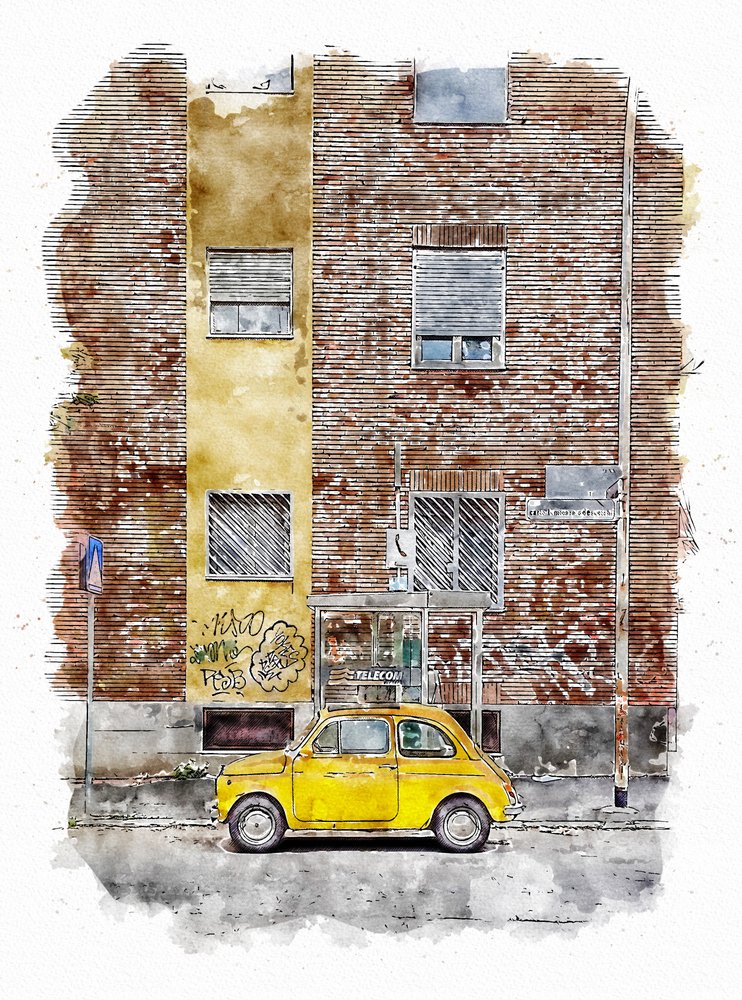 Žluté klasické městské auto od Lembayung senja studio [Vintage Poster]