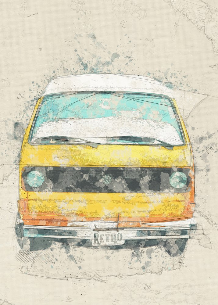 Žlutý retro karavan od Lembayung senja studio [Vintage Poster]
