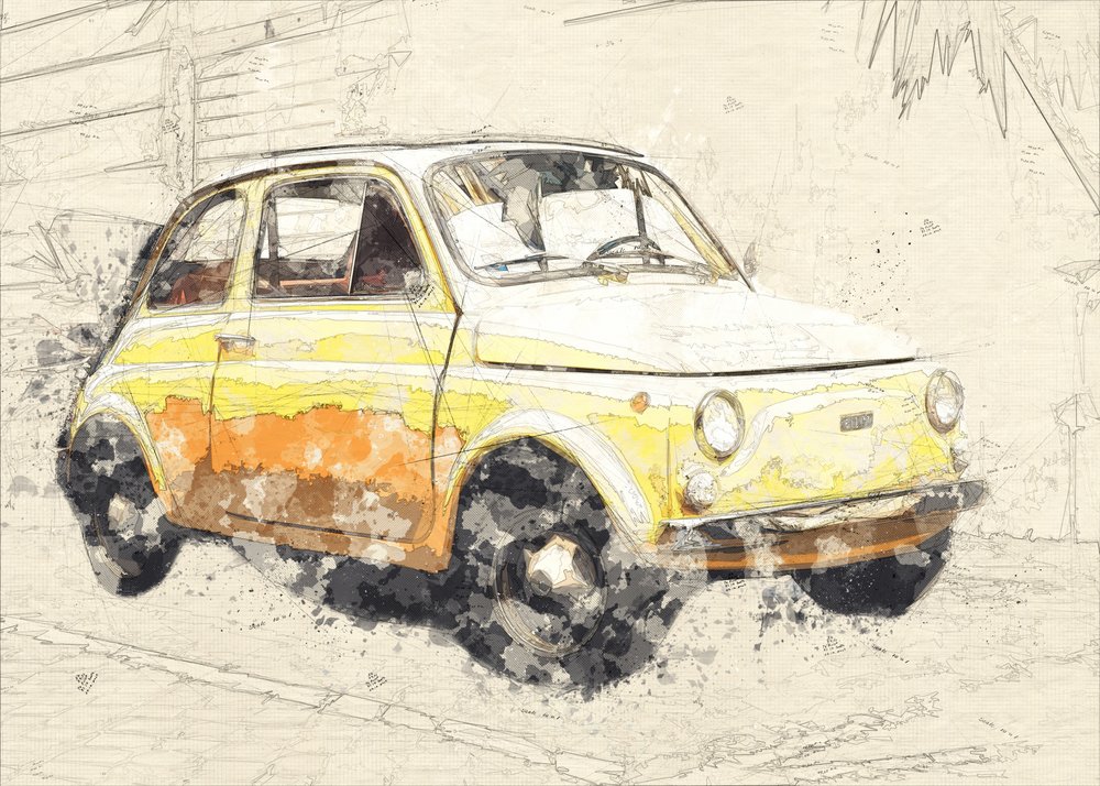 žluté staré auto od Lembayung senja studio [Vintage Poster]