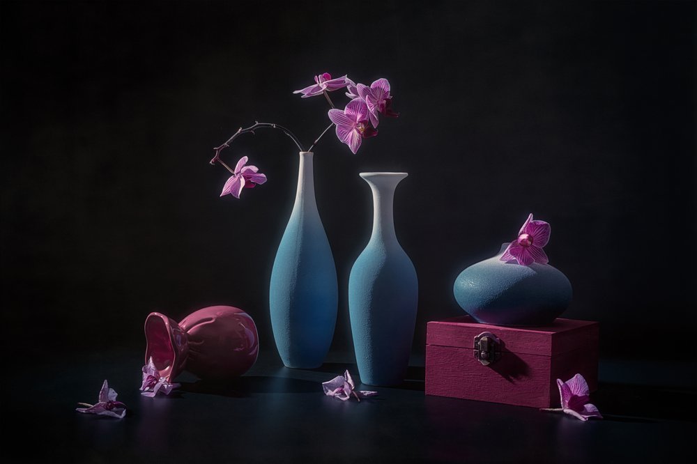 Růžové orchideje a vázy od Lydia Jacobs
