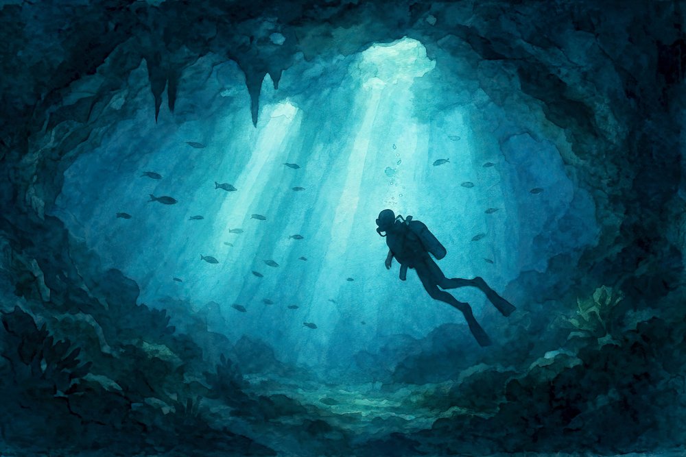 Potápěč v jeskyni Deep Blue od Natalie Bruns