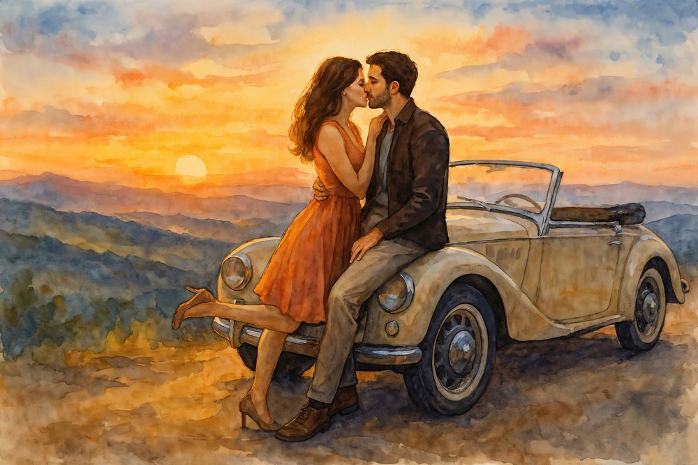 Retro auto – Polibek při západu slunce od Natalie Bruns