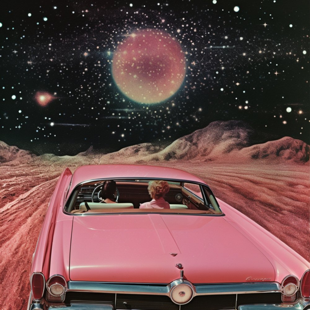 Růžové auto Cosmic Drive od Samantha Hearn