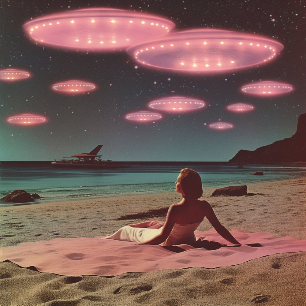 Růžový plážový sen s UFO od Samantha Hearn