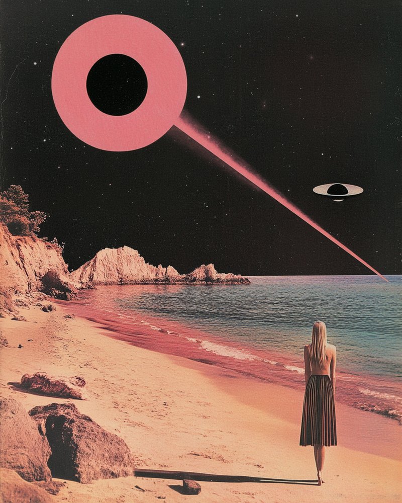 Růžová plážová noc s UFO od Samantha Hearn
