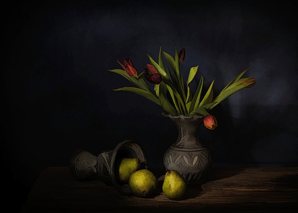 Zátiší s hruškami a tulipány od Saskia Dingemans
