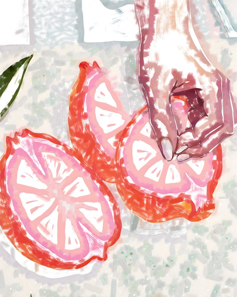 Ruka a růžové citrusy od Uma Gokhale