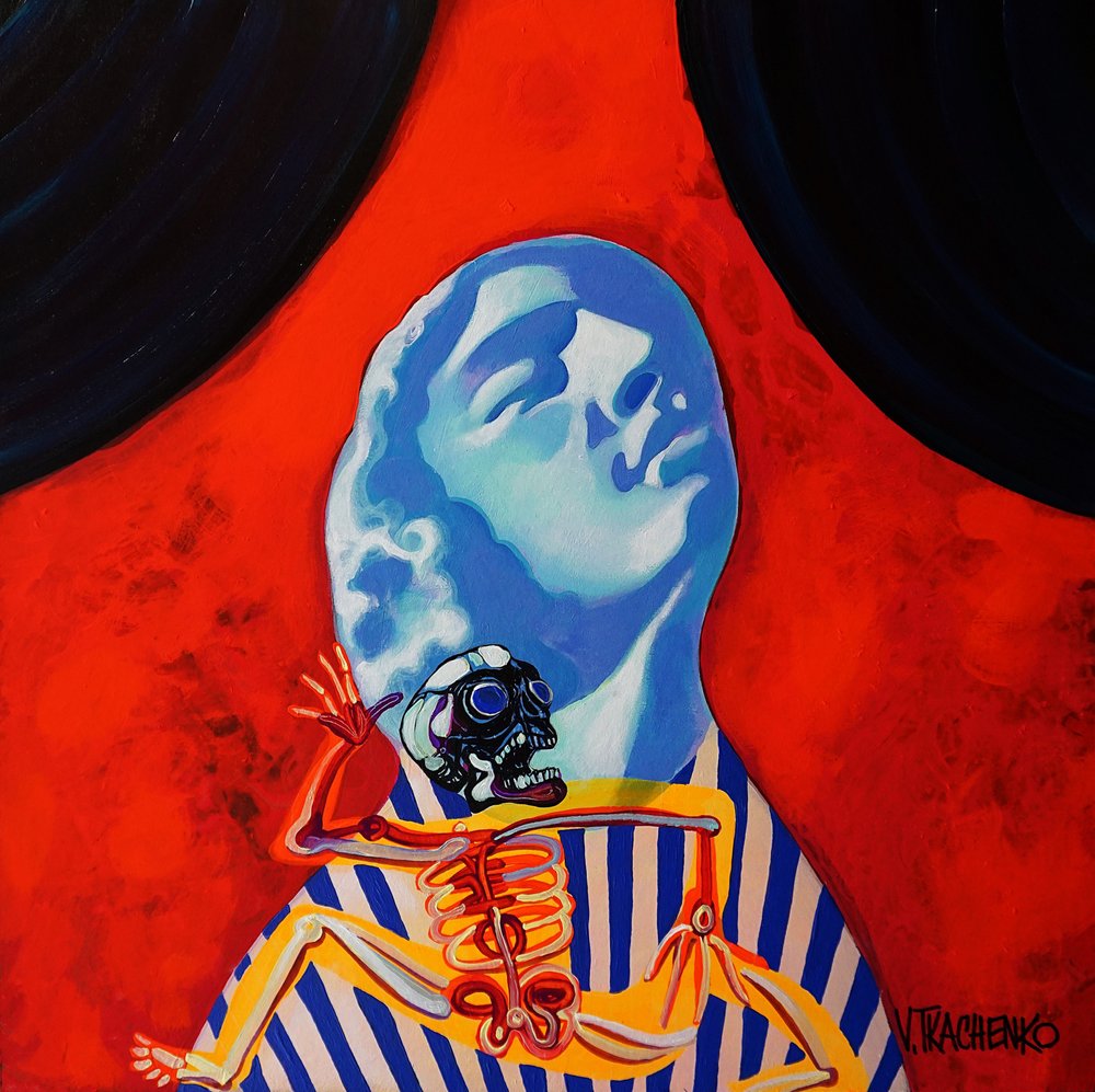 Surrealistická modrá lebka od Victor Tkachenko