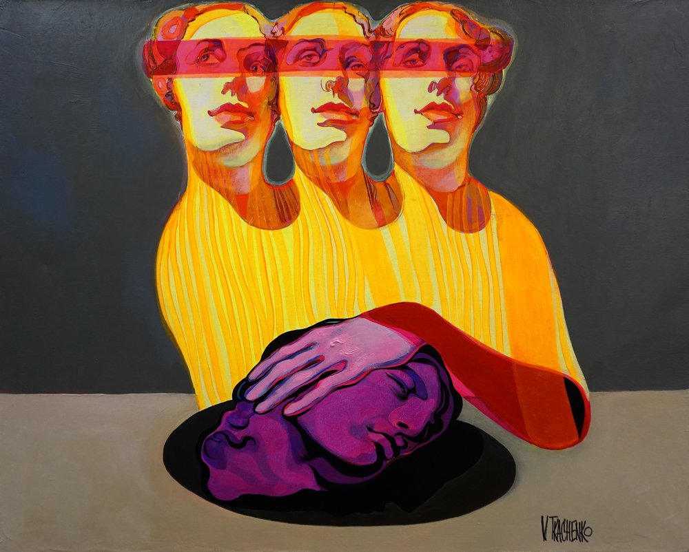 Surrealistické postavy s fialovou hlavou od Victor Tkachenko