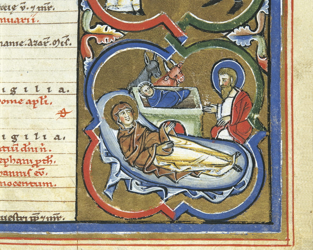 Alžbětinský kalendář, prosinec, Narození Páně (pero a inkoust, tempera