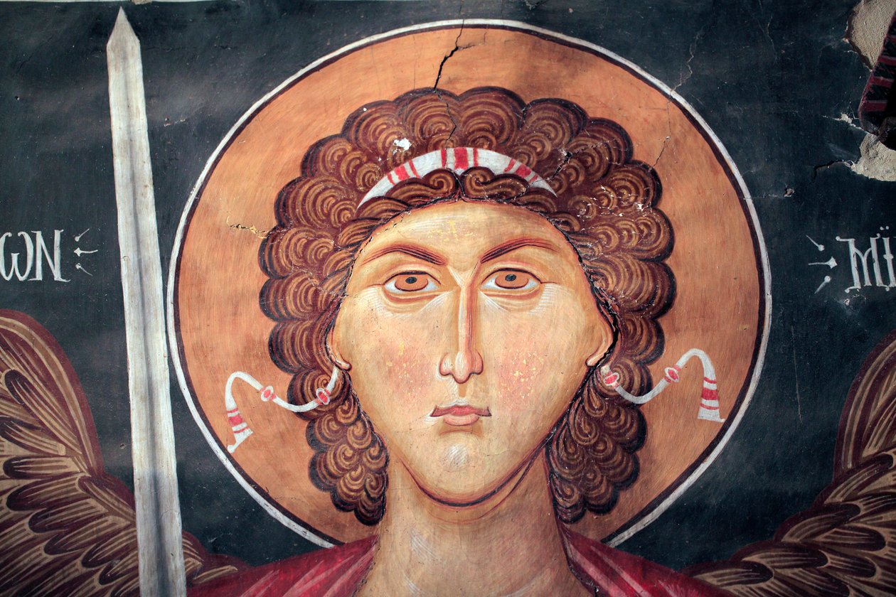 Byzantská freska z 15. století (detail) Archanděl Michael Nástěnná malba Kostel archanděla Michaela v Pedoulas Kypr Malované kostely UNESCO Troodos, Kypr od Unknown