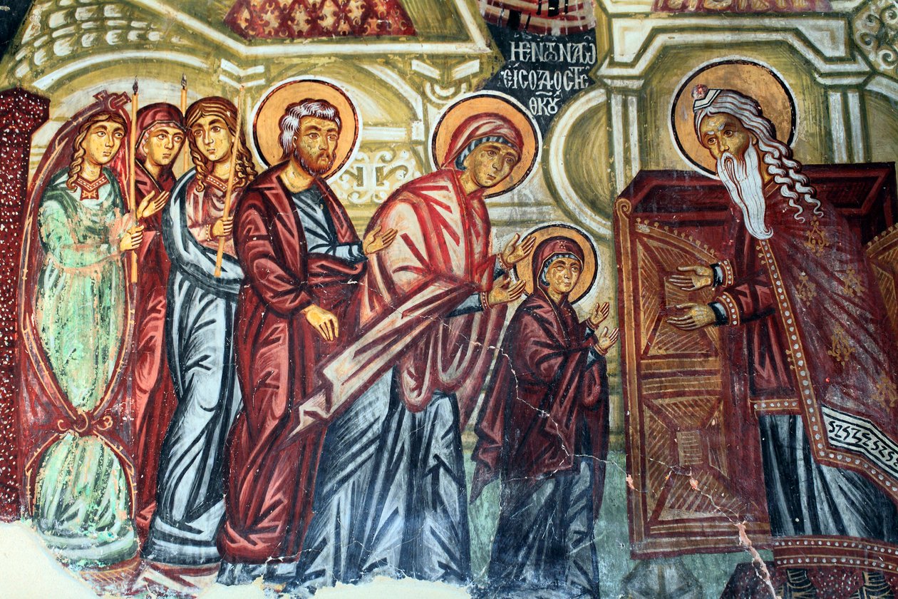 Byzantská freska z 15. století (detail) Pesentace Marie v chrámu Nástěnná malba Kostel archanděla Michaela v Pedoulas Kypr Malované kostely UNESCO Troodos, Kypr od Unknown