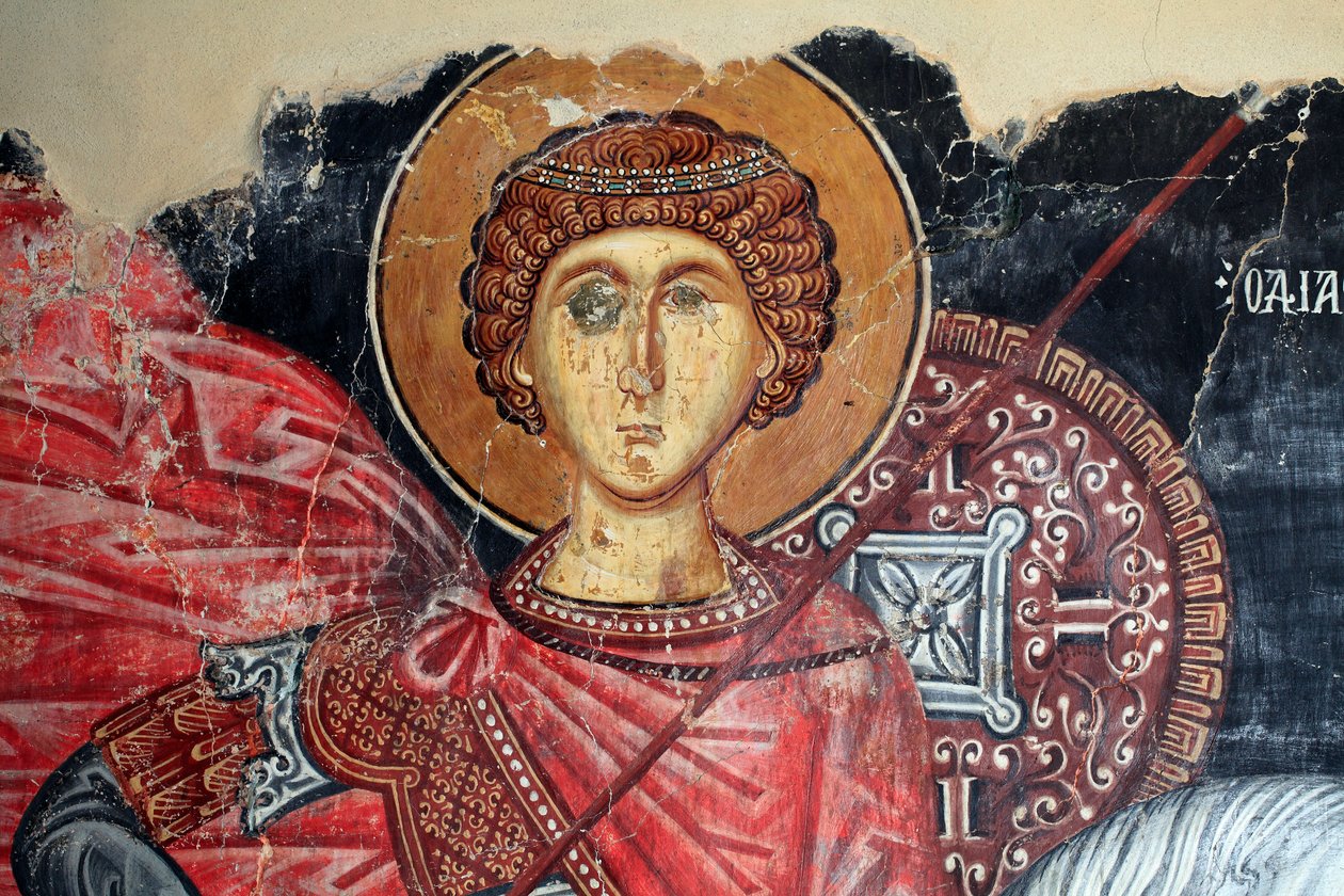 Byzantská freska z 15. století (detail) Saint George Nástěnná malba Kostel archanděla Michaela v Pedoulas Kypr Malované kostely UNESCO Troodos, Kypr od Unknown