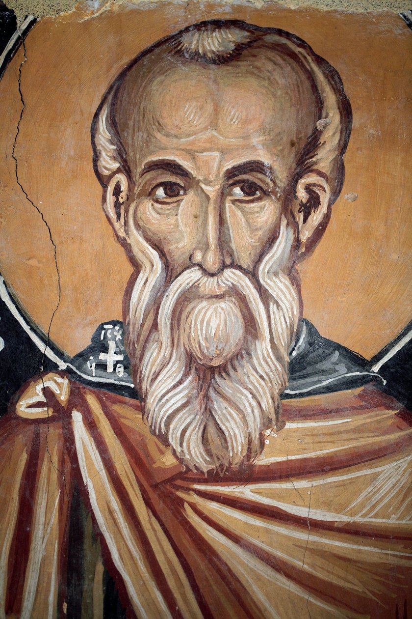 Byzantská freska z 15. století (detail) Svatý Theodose cenobriak Nástěnná malba Michalská kaple archanděla, vesnice Galata Kypr Malované kostely UNESCO Troodos, Kypr od Unknown