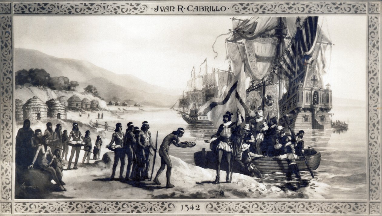 Kalifornie: 1542 Obraz zobrazující Juana Rodrigueze Cabrilla, jak se během své expedice setkává s domorodci na pobřeží Kalifornie. od Unknown