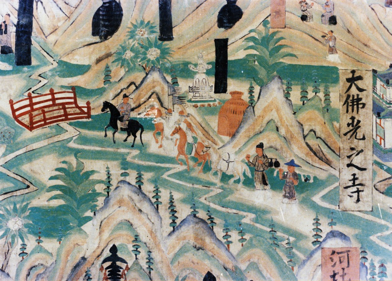 Detail mapy hory Wutai (Wutaishan), nástěnná malba vytvořená během pěti dynastií (907 - 960) v jeskyních Dunhuang, zobrazující poutníky cestující po silnici od Unknown