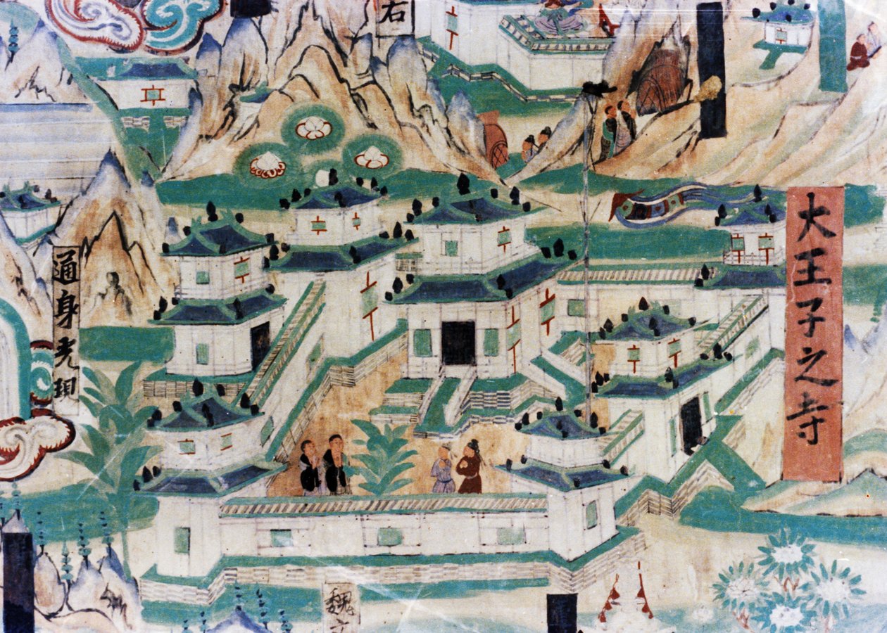 Detail mapy hory Wutai (Wutaishan), nástěnná malba vytvořená během pěti dynastií (907 - 960) v jeskyních Dunhuang, zobrazující klášter od Unknown