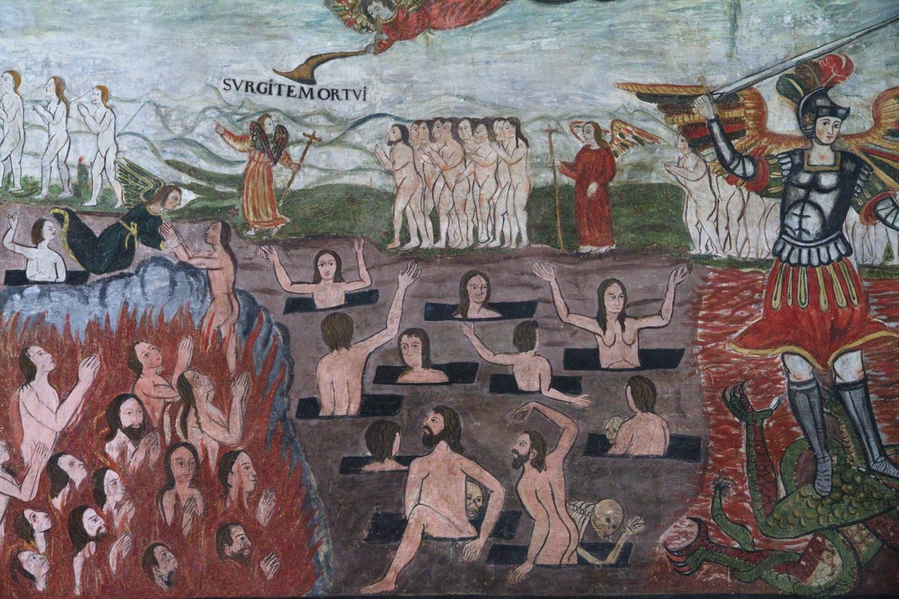 Poslední soud ilustrovaný barokními mestizskými freskami ze 17. století v lodi kostela Santiago De Curahuara De Carangas, Sixtinská kaple v Andách, Curahuara De Carangas, Oruro, Bolívie (pho od Unknown