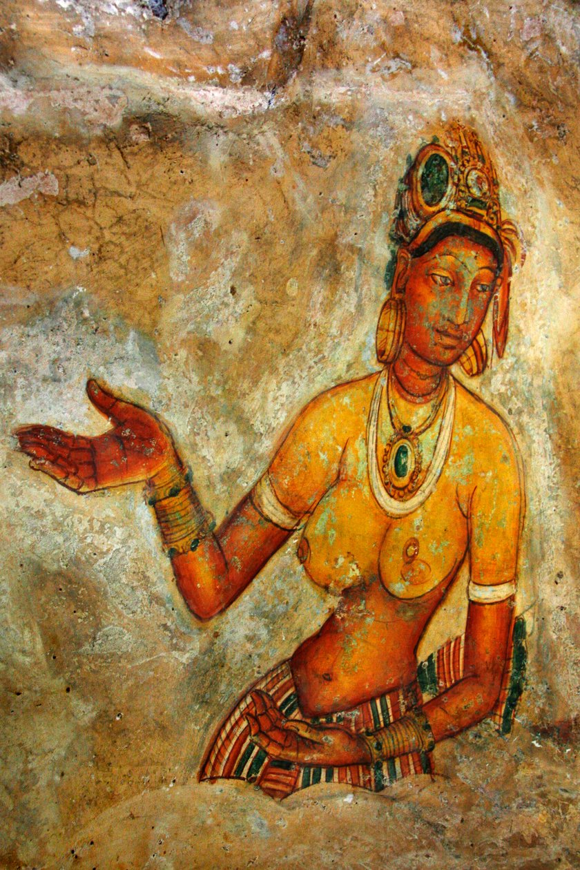 Freska na stěně skály Sigiriya, v okrese Matale na Srí Lance. Tento 370 metrů vysoký lávový kopec starověké sopky je známý opevněným palácovým komplexem, postaveným za vlády krále Ka od Unknown