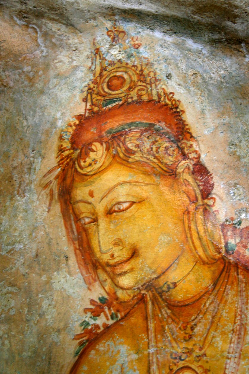 Freska na stěně skály Sigiriya, v okrese Matale na Srí Lance. Tento 370 metrů vysoký lávový kopec starověké sopky je známý opevněným palácovým komplexem, postaveným za vlády krále Ka od Unknown