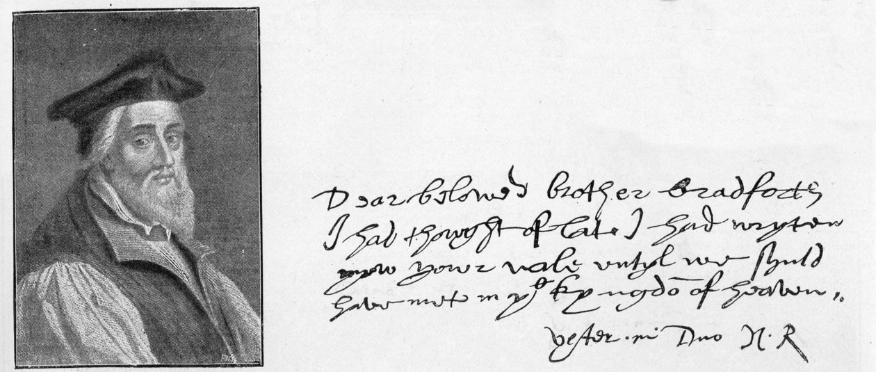 Rukopis a podpis biskupa Ridleyho z dopisu napsaného pro útěchu Johna Bradforda krátce před jeho smrtí, 1555 od Unknown