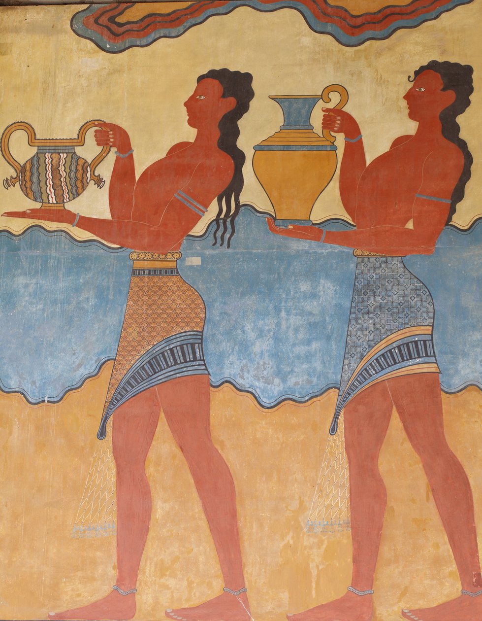 Minoen archeologické naleziště Knossos. Minoen umění. Figurky „průvodové fresky““ z paláce v Knossu. Jižní vchod. Kopie nástěnné reliéfní malby, z níž bylo nalezeno několik fragmentů. Th od Unknown