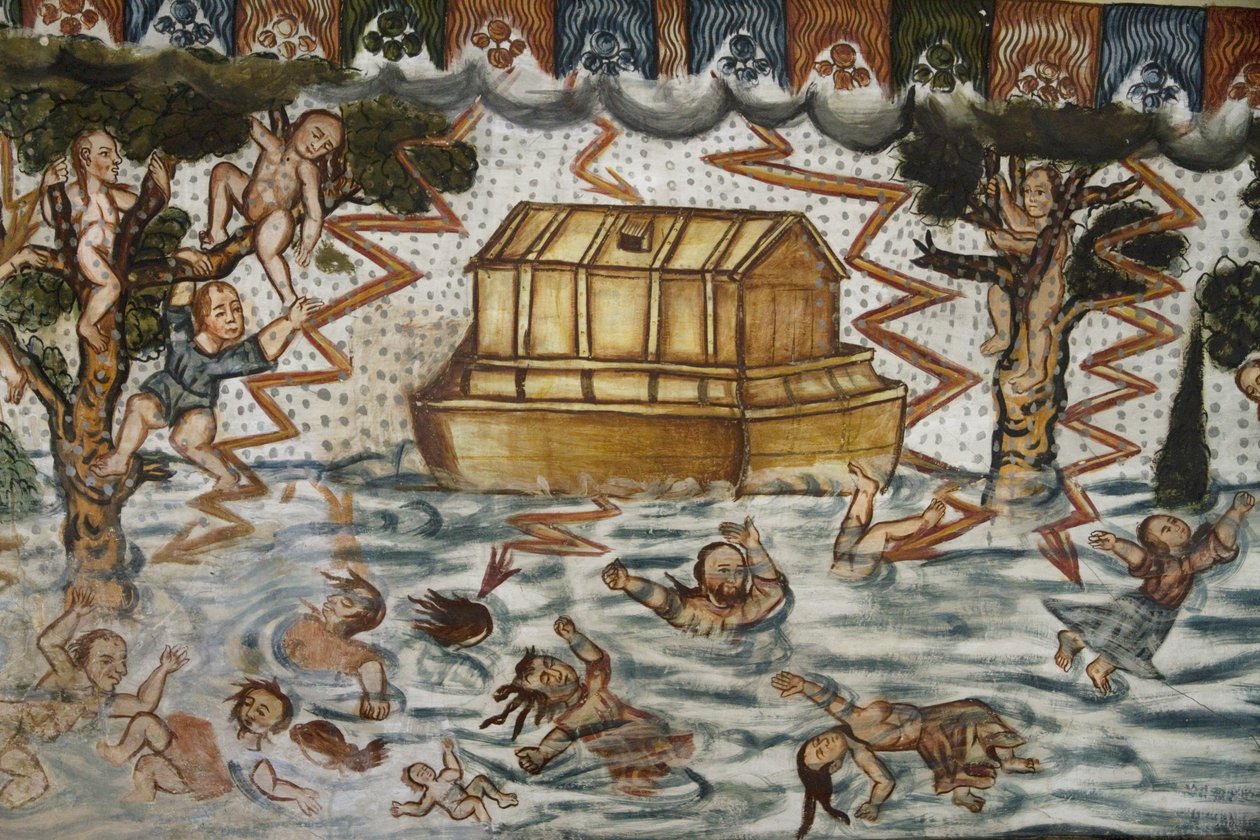 Noemova archa a potopa ilustrované barokními mestizskými freskami ze 17. století v baptisteriu Santiago De Curahuara De Carangas Church, Sixtinská kaple v Andách, Curahuara De od Unknown