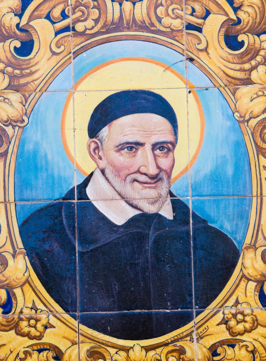 Svatý Vincent de Paul 1581-1660. Francouzský katolický kněz a světec. Keramické dlaždice pro ulici pojmenované po de Paul, Cordoba, provincie Cordoba, Španělsko. od Unknown