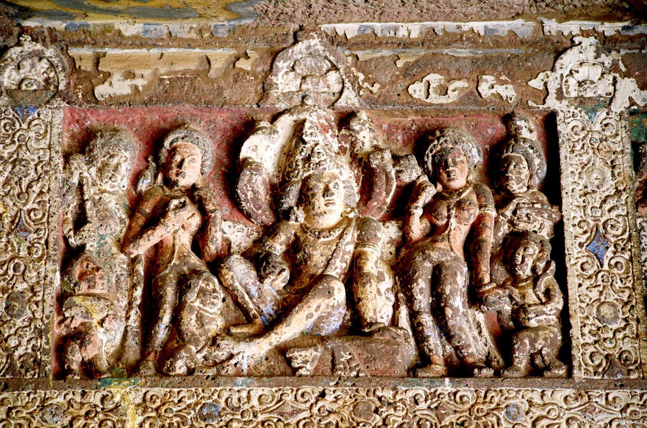 Kamenořezba v jeskyních Ajanta, Maharashtra, Indie. 29 buddhistických jeskyní bylo vyhloubeno mezi 2. stoletím př. n. l. a 1. n. l. a 4.-7. od Unknown