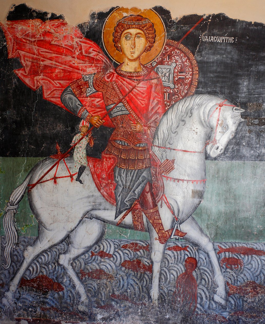 Byzantská freska z 15. století (detail) Saint George Nástěnná malba Kostel archanděla Michaela v Pedoulas Kypr Malované kostely UNESCO Troodos, Kypr od Unknown