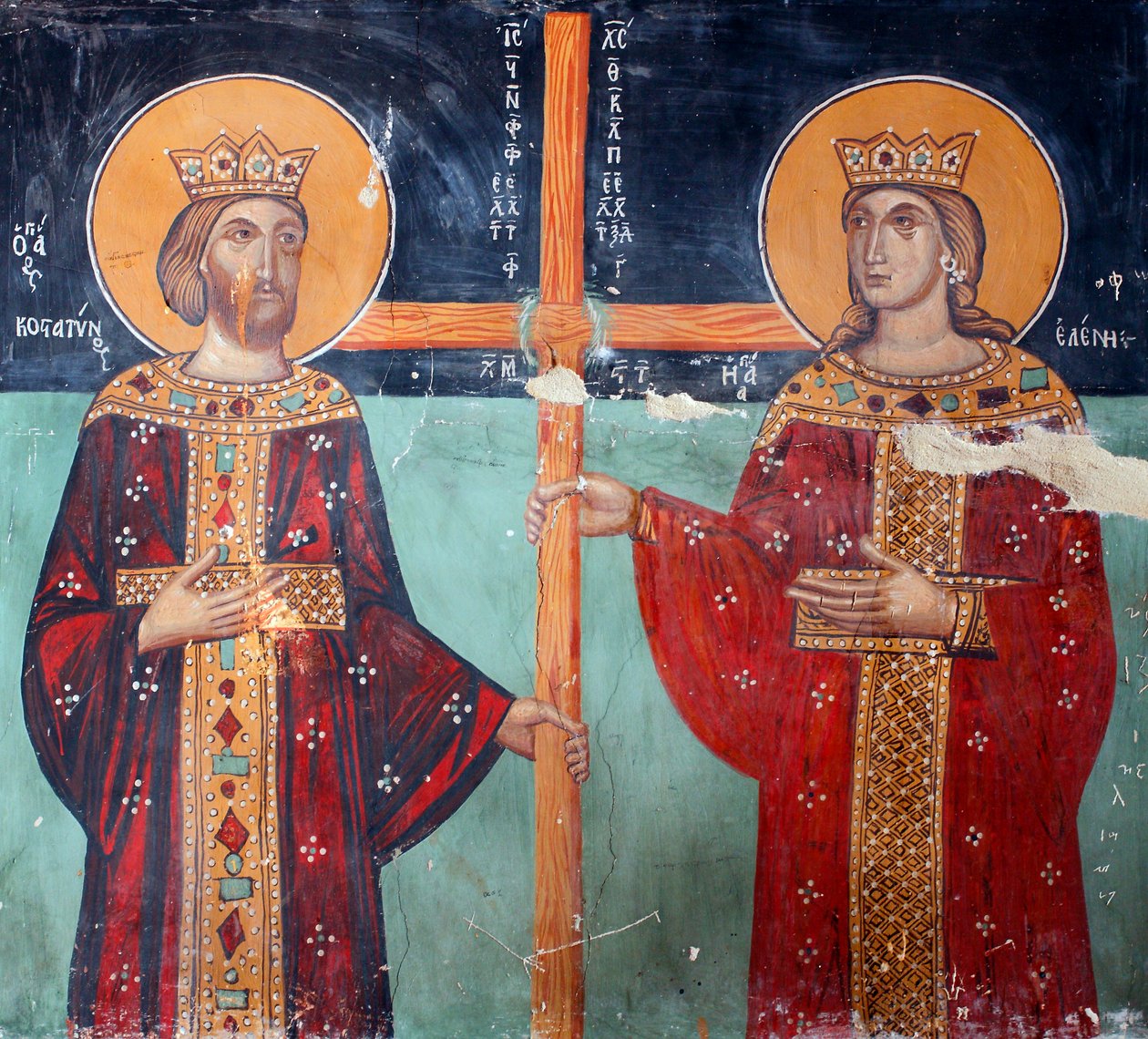 Byzantská freska z 15. století Císař Konstantin a jeho matka Helene Nástěnná malba Kaple archanděla Michaela, vesnice Galata Kypr Malované kostely UNESCO Troodos, Kypr od Unknown