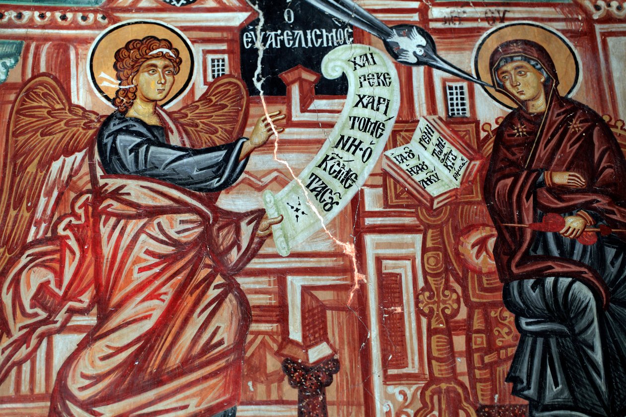 Byzantská freska z 15. století Zvěstování Panně Marii Nástěnná malba Kostel archanděla Michaela v Pedoulas Kypr Malované kostely UNESCO Troodos, Kypr od Unknown