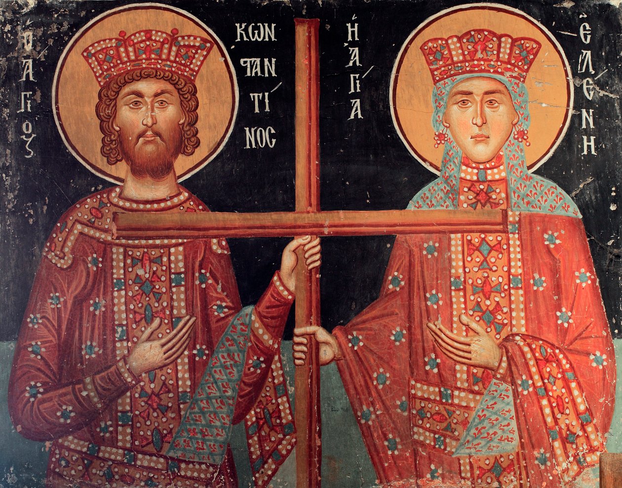 Byzantská freska z 15. století Císař Konstantin a jeho matka Helene Nástěnná malba Kostel archanděla Michaela v Pedoulas Kypr Malované kostely UNESCO Troodos, Kypr od Unknown