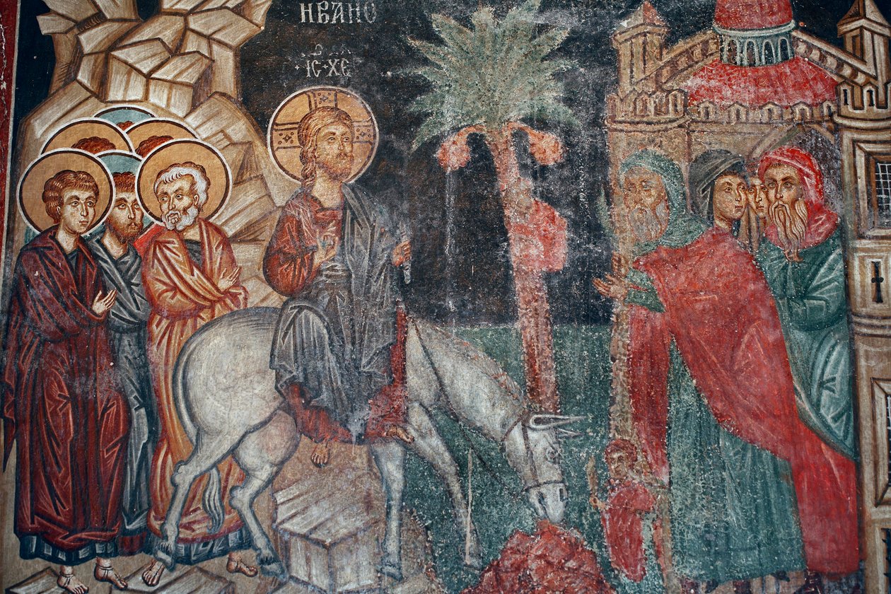 Byzantská freska z 15. století Vstup do Jeruzaléma Nástěnná malba Kostel archanděla Michaela v Pedoulas Kypr Malované kostely UNESCO Troodos, Kypr od Unknown