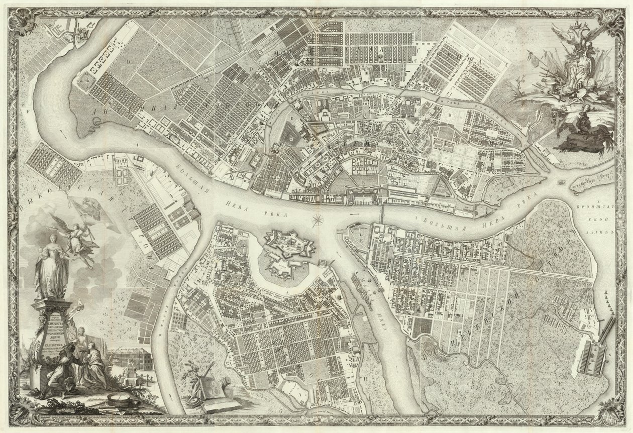 Rytina. Plán hlavního města Petrohradu zobrazující nejvýznamnější cesty. 1753 Makhaev M.I. od Махаев Михаил Иванович