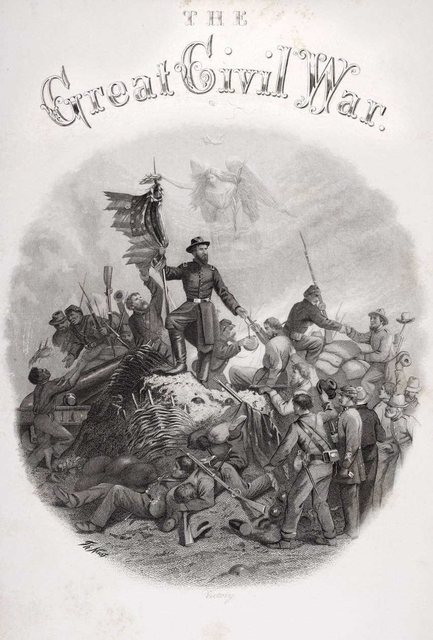 Alegorická rytina Vítězství z titulní strany 3. dílu „Velká občanská válka: Historie pozdního povstání“ od R. Thomase a B.G. Smithe, vydané nakladatelstvím R. Worthington, 60. léta 19. století od American School