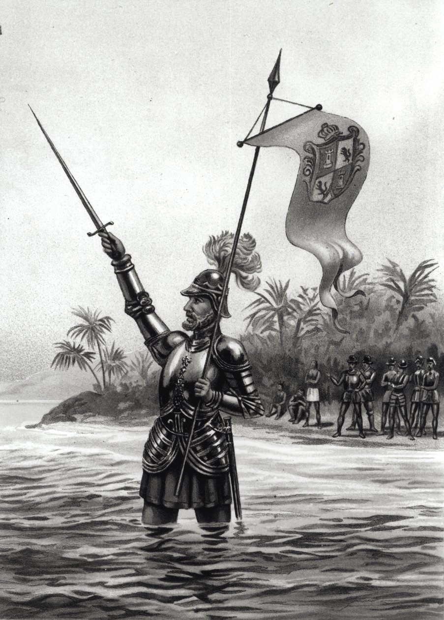 Balboa si nárokuje nadvládu nad jižním mořem, 25. září 1513, z knihy „Americký kontinent a jeho obyvatelé před jeho objevením Kolumbem“ od Anne C. Cady (litho) 1893 (svazkové foto) od American School