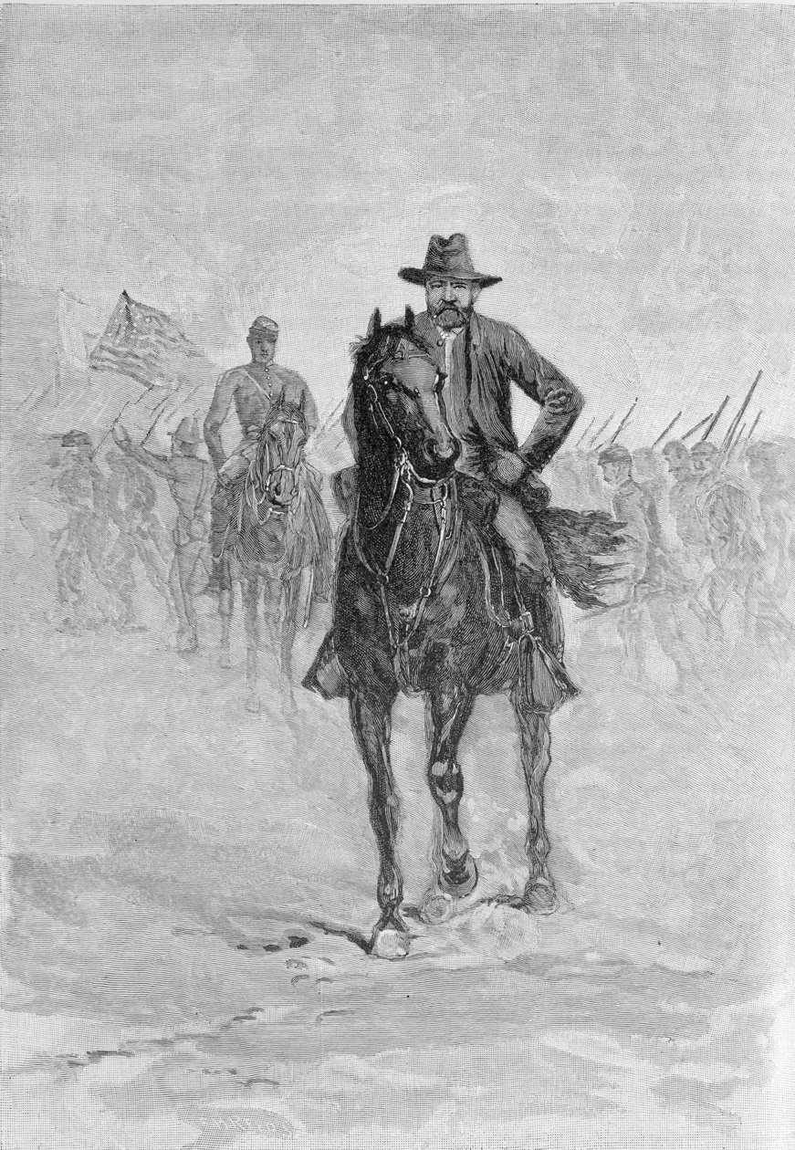 Generál Grant rekognoskující pozici konfederace u soudu ve Spotsylvánii, vyrytý C.H. Reed, ilustrace z 