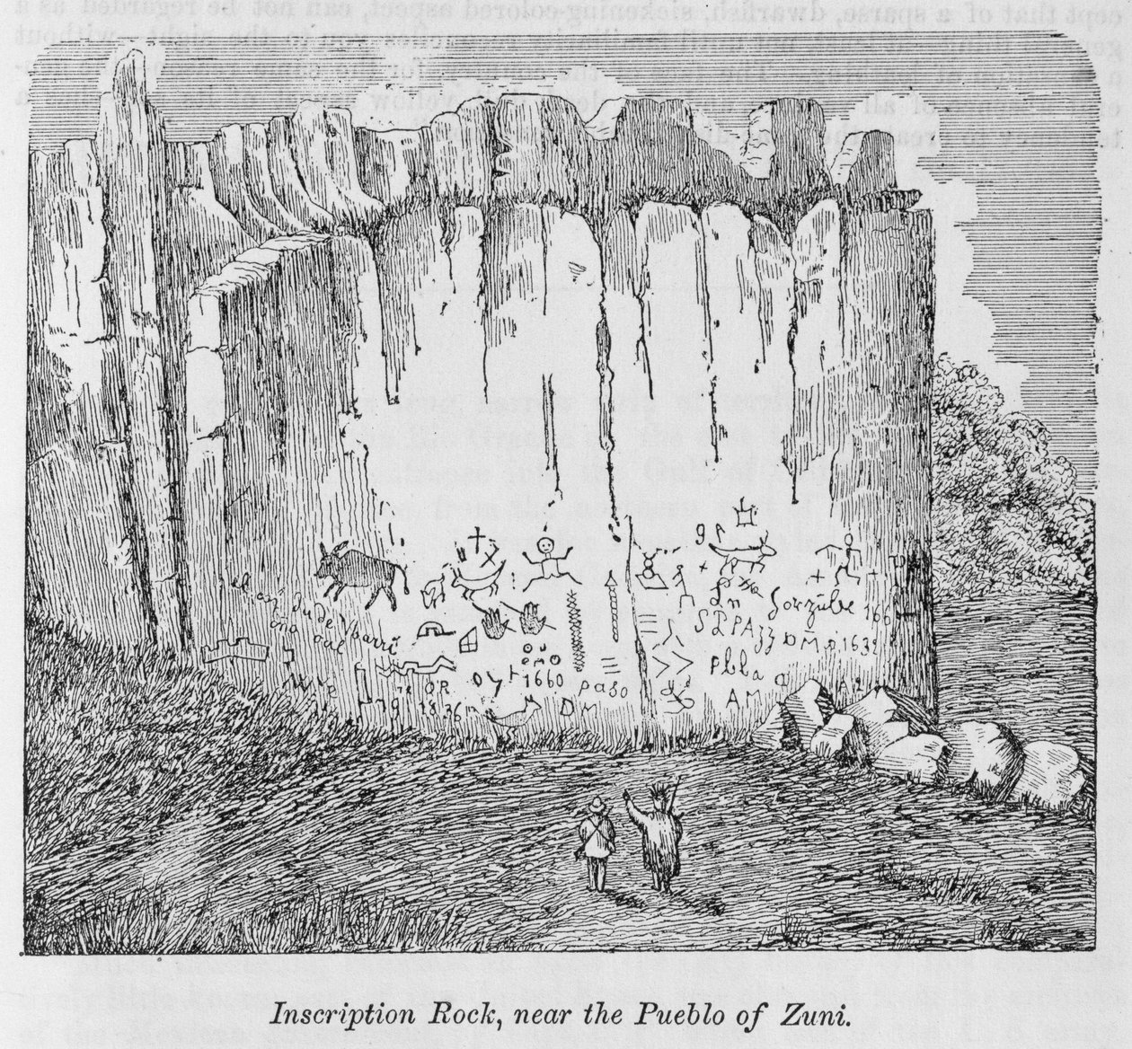 Nápis Rock, poblíž Pueblo of Zuni, z „Naše celá země: Minulost a současnost Spojených států, historické a popisné“, John Warren Barber a Henry Hare, 1861 od American School