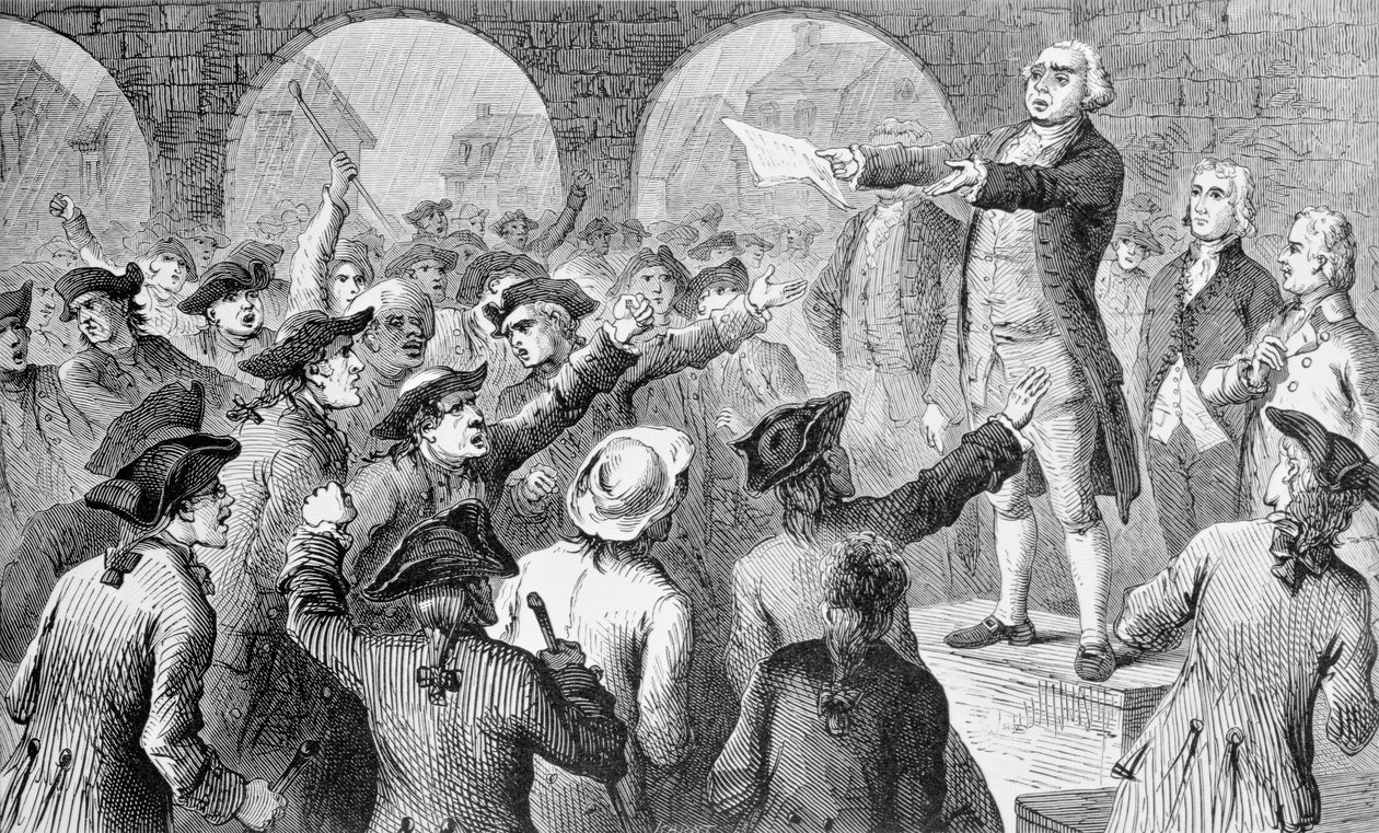John Lamb na setkání Sons of Liberty v New York City Hall o vylodění britského čaje v New Yorku, 17. prosince 1773, vyryto Johnem Karstem (1836-1922) (bundw photo od American School