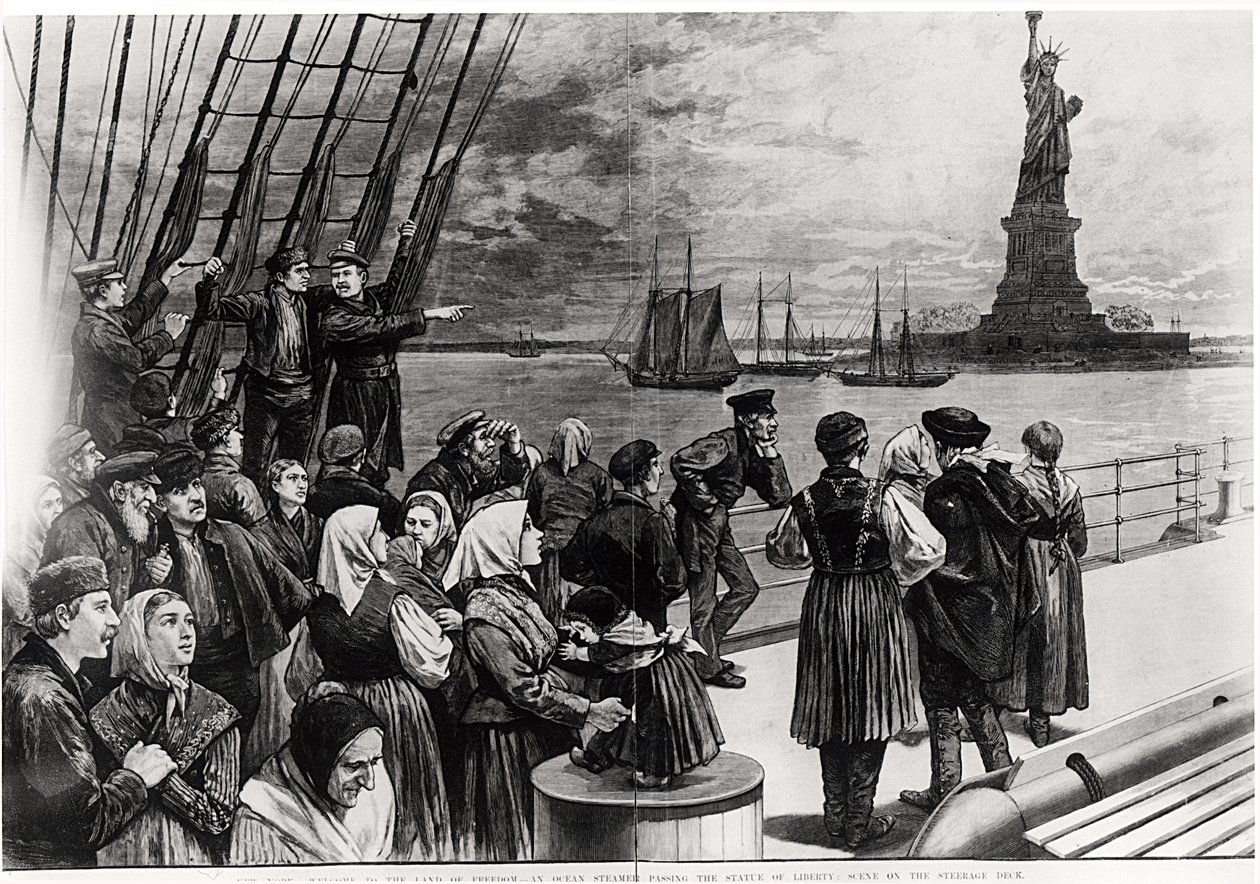 New York - Vítejte v zemi svobody - zaoceánský parník proplouvající kolem Sochy svobody - scéna na palubě parníku, ilustrace z "Frank Leslie