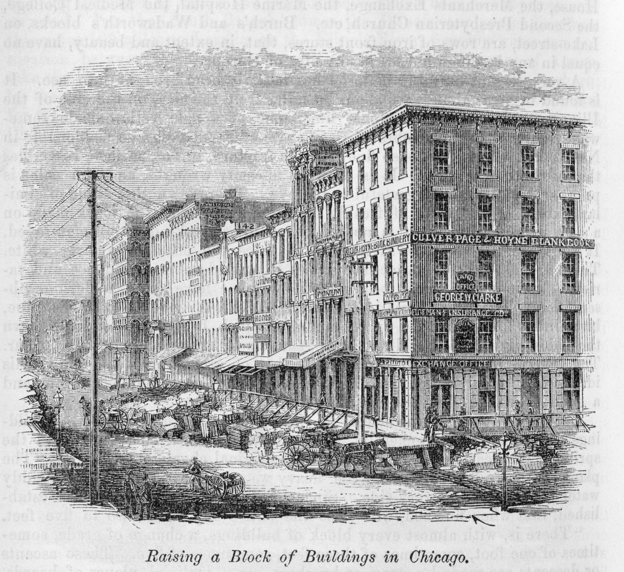 Postavení bloku budov v Chicagu z „Naše celá země: Minulost a současnost Spojených států, historické a popisné“, John Warner Barber a Henry Hare, 1861 od American School