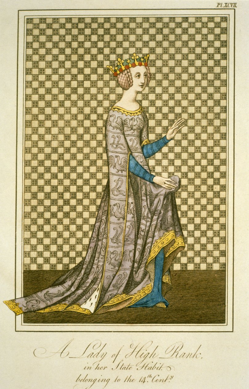 Hodná dáma ze 14. století ve státním rouchu, z Úplného pohledu na šaty a zvyky anglického lidu, svazek 2, od Josepha Strutta, 1799 (barevná rytina) od English School