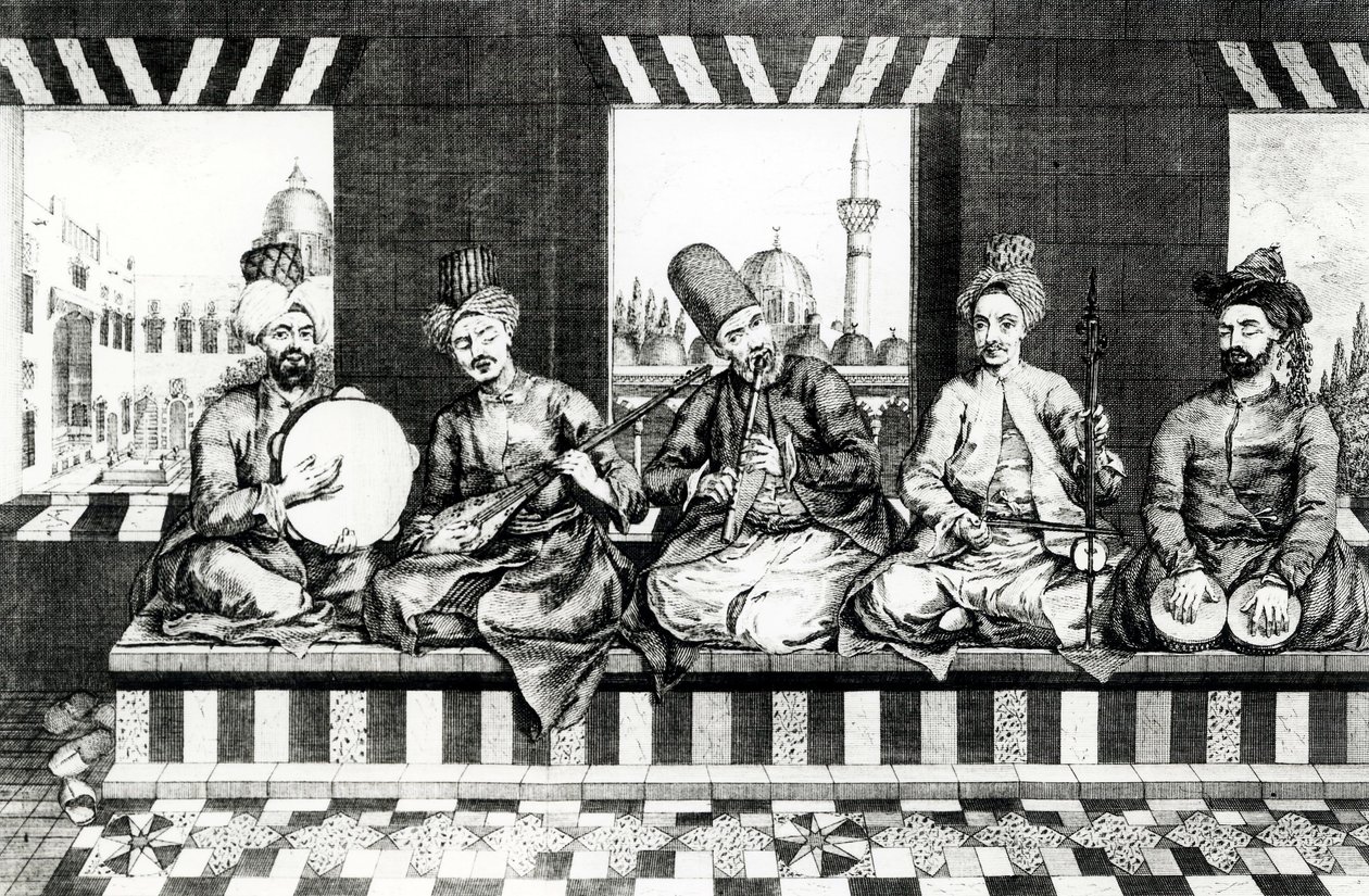 Skupina orientálních hudebníků (rytina) (čb fotografie) od English School