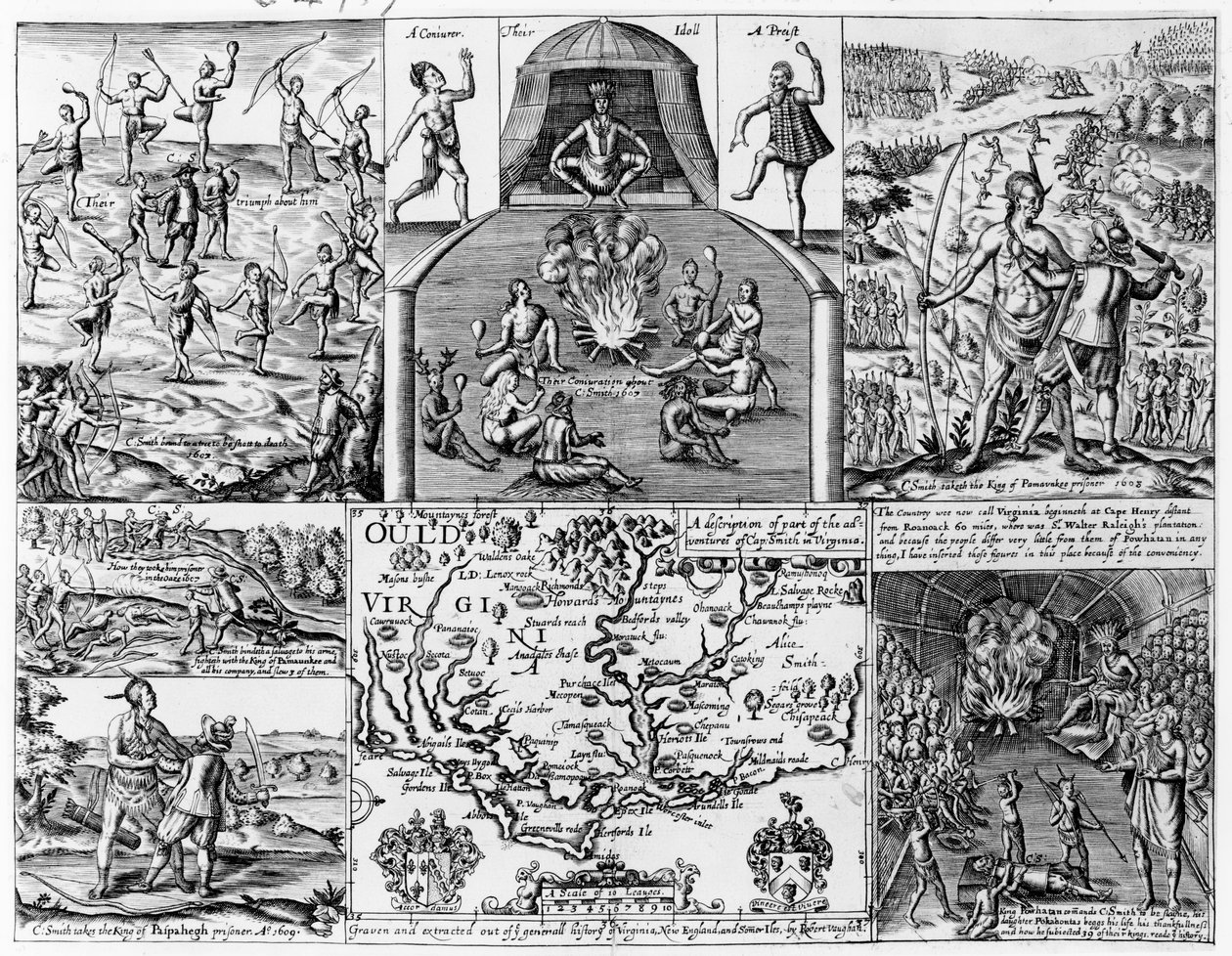„Popis části dobrodružství Cape. Smith in Virginia“, ilustrace z „Obecné historie Virginie, Nové Anglie a letních ostrovů“ od Smitha, vyryl Robert Vaughan (fl.1622-7 od English School