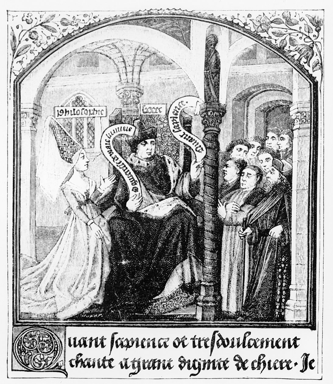 Boethius (480-524) se radí s Dame Philosophy, miniatura z „De Consolatione da Philosophiae“, přeložená Jeanem de Meungem, ilustrace z „Vědy a literatury středověku a od English School