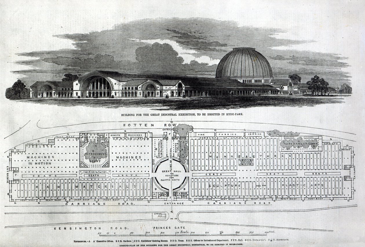 Budova pro Velkou průmyslovou výstavu, 1850 (rytina) (černobílá fotografie) od English School